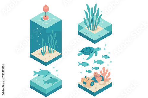 Isometric ocean ecosystem modules featuring sea turtle, fish, buoy, and marine flora