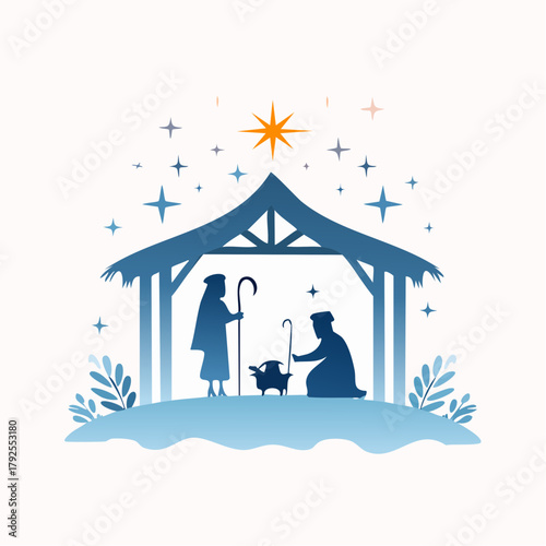 Nativity Scene Stable with Shepherds Crooks and Star.