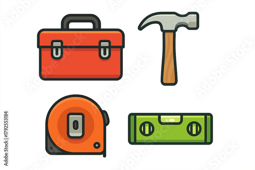 Collection of essential household repair and building tools including toolbox, hammer, tape measure, and level