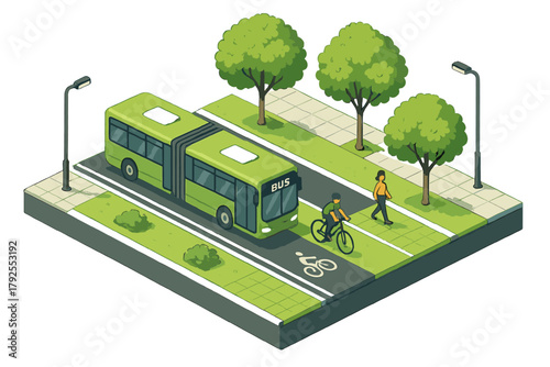Isometric view of sustainable urban transportation featuring a green articulated bus, bike lane, and pedestrian sidewalk