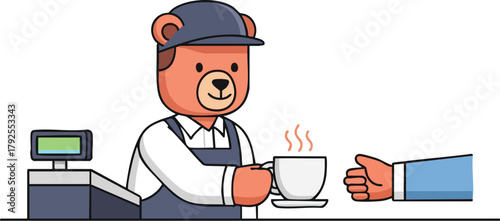 A friendly bearista bear wearing a uniform hands a hot cup of coffee to a customer across the counter in a minimalist setting.