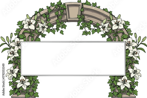 A floral arch with white flowers and green leaves stands behind a blank white sign, creating a memorial tribute with flags at half-mast in a garden or park setting with a mix of natural and