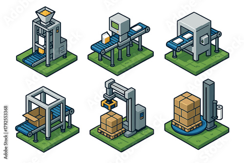 Isometric set of automated factory production line machines for packaging and logistics processes