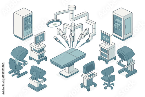 Modern surgical theater setup featuring robotic arms operating table and medical devices