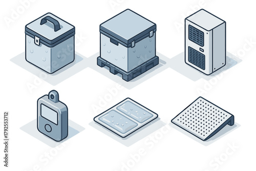 Isometric set of cooling and refrigeration equipment icons including cooler box, storage container, AC unit, temperature logger