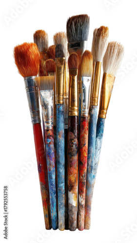Bunch of colorful, used paintbrushes with varying sizes and styles