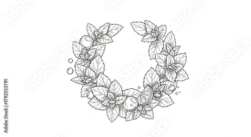 Stylized Mint Wreath with Citrus Slice and Droplets in Black and White