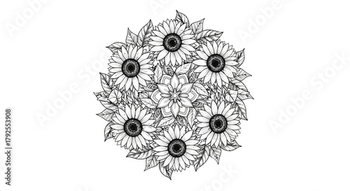 Sunflowers and floral arrangement in a circular pattern for decoration