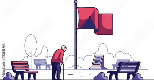 An elderly man stands with his head bowed in a memorial park with flags at half-mast, surrounded by benches and a solemn atmosphere.