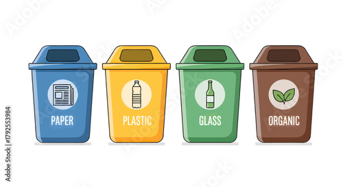 Concept of environmental protection and waste management with separate colorful bins for sorting paper, plastic, glass, and organic garbage
