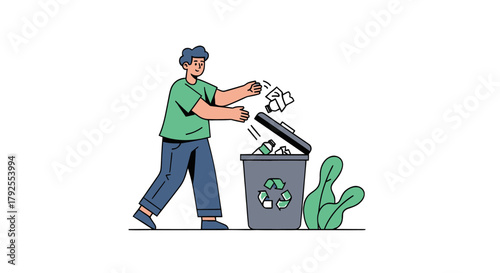 Person Recycling Trash Into Bin. Illustration Depicting Environmental Responsibility, Conservation, and Eco-Friendly Behavior