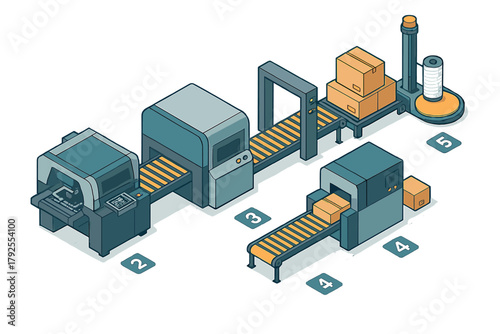 Modern automated factory assembly line process with conveyor system and packaging machinery