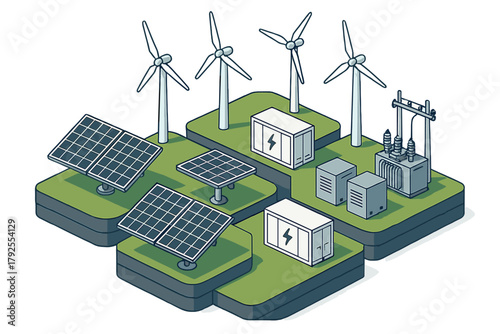 Renewable energy smart grid system with solar panels, wind turbines, battery storage, and electrical substation