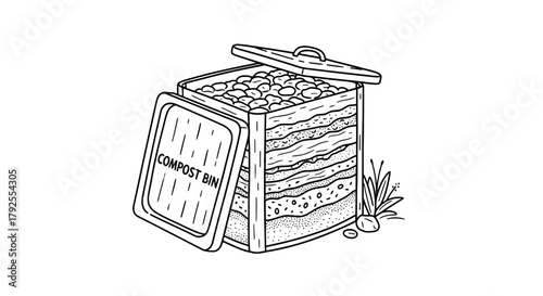 Cross-section illustration of a compost bin, showing layered organic materials. Visualizes sustainable waste management, eco-friendly decomposition, and soil enrichment