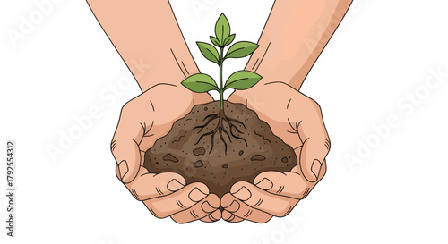 Caring hands gently cradle a vibrant green seedling emerging from fertile soil, representing growth, sustainability, and the promise of new life through nurturing