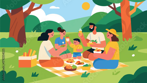 Illustration Of A Family Eating In The Park Vector Design Template