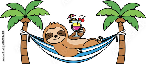 A cartoon sloth wearing sunglasses relaxes in a hammock between two palm trees with a colorful cocktail.