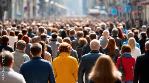 Urban Crowd: A large and diverse throng of people fills the urban landscape, creating a vibrant scene of humanity in motion. This photo captures the dynamic energy of a city teeming with life.