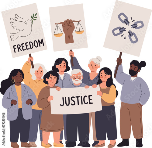 Diverse group of people holding protest signs for freedom, justice, and human rights on Human Rights Day with a bold and determined mood.