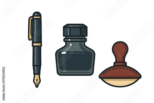 Classic fountain pen, ink bottle, and vintage ink blotter set for traditional writing and calligraphy