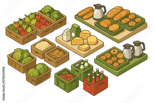 Isometric arrangement of fresh produce, baked goods, dairy, and beverages displayed in market crates and trays