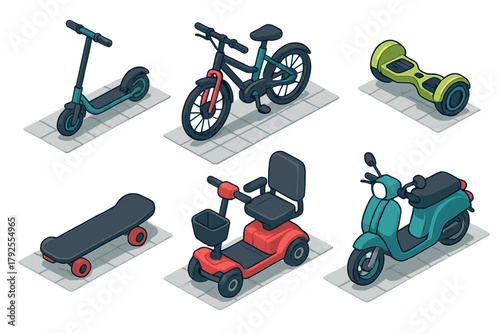 Isometric collection of modern personal urban mobility devices and vehicles
