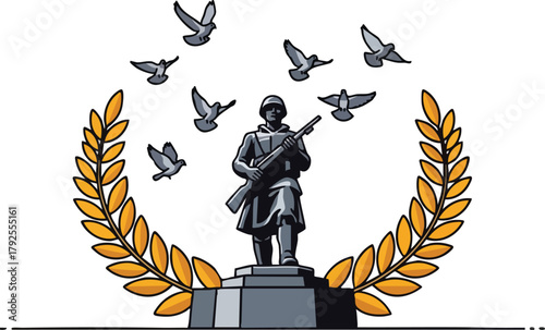 Illustration of a soldier statue on a pedestal with laurel wreaths and doves flying around it, symbolizing a memorial or tribute with flags at half-mast.