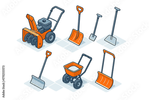 Isometric collection of winter snow removal equipment set, featuring snow blower, various shovels, and salt spreader