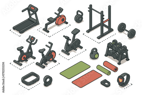 Isometric gym and fitness equipment set with cardio machines and free weights for workout training