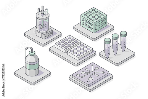 Essential laboratory equipment for cell culture and biotechnology research in isometric view