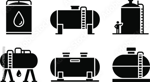 Industrial Storage Tanks Icons Set with Human Figure and Liquid Drop vector illustration