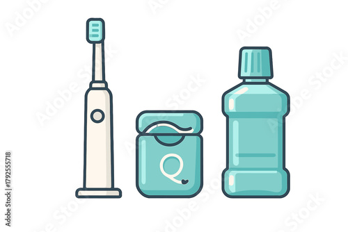 Electric toothbrush, dental floss, and mouthwash bottle for oral hygiene