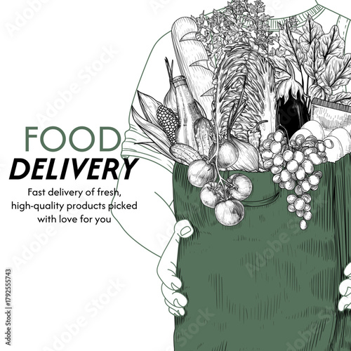 Vector banner for food delivery. The delivery person is holding a bag of healthy food. Template for grocery store with vegetables