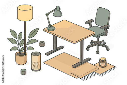 Isometric modern home setup featuring desk chair floor lamp and potted plant