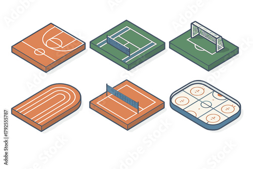 Isometric collection of sports fields and courts including basketball, soccer, tennis, volleyball, and hockey