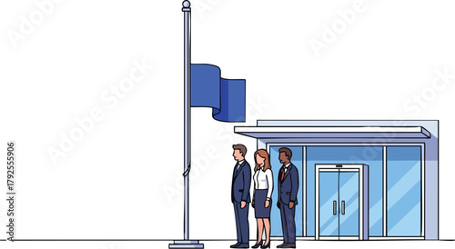 Illustration of three business professionals standing in front of a building with flags at half-mast as a memorial tribute.