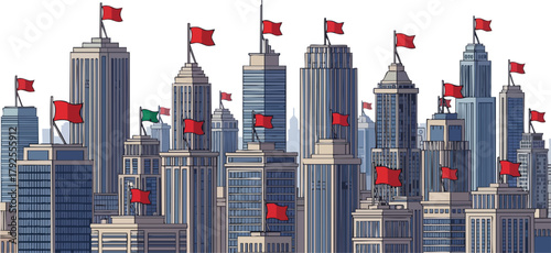 City skyline with multiple flags at half-mast on skyscrapers, against a white background, conveying a sense of memorial or tribute.