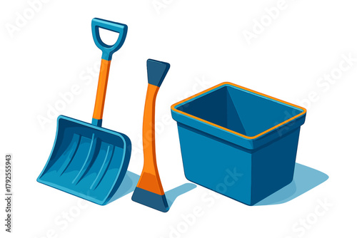 Set of snow shovel, ice scraper, and salt container for winter road maintenance