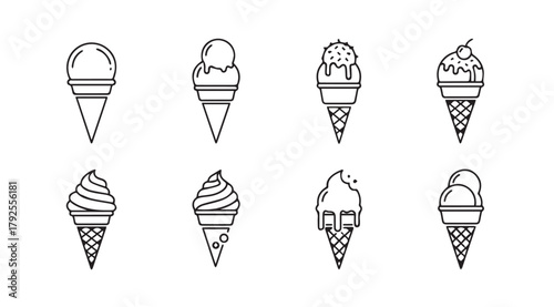 Collection of eight different ice cream cone illustrations in a simple outline silhouette style