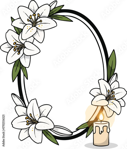 Illustration of a floral wreath with white flowers and a lit candle, symbolizing a memorial or tribute with a serene and peaceful mood against a clean white background.