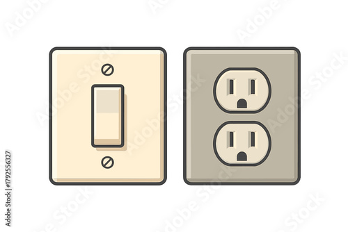 Household light switch and duplex electrical receptacle plate isolated on white