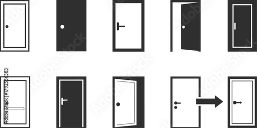 Set of Black and White Door Icons Showing Open and Closed States silhouette