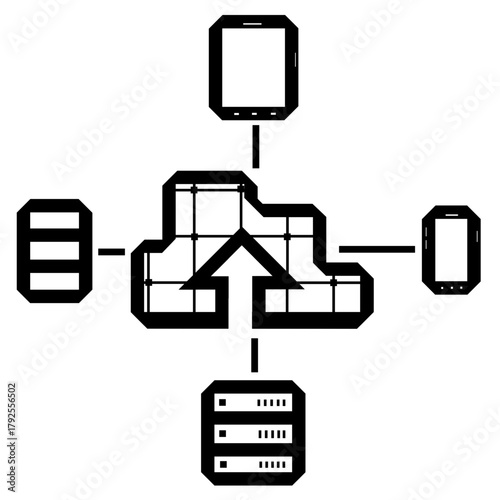 Black and white vector icon illustrating a Cloud Computing network, connecting devices (server, tablet, phone). Essential for IT, data transfer, and infrastructure designs.
