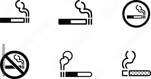 Set of black and white cigarette and smoking icons smoke symbol