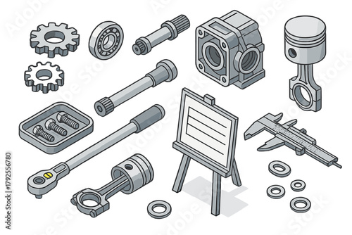 Isometric set of automotive engine parts, gears, wrenches, and measuring instruments
