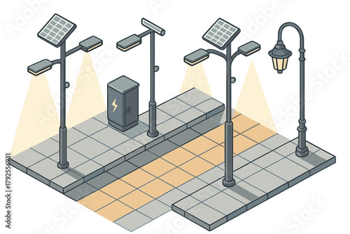 Modern solar street lights, classic lamp post, and electrical utility box on an urban sidewalk