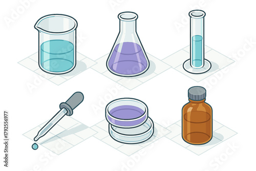 Detailed isometric set of scientific research tools and chemistry lab apparatus
