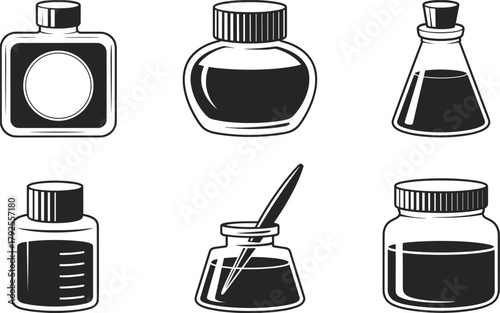 Six black and white icons of ink bottles and inkwells container