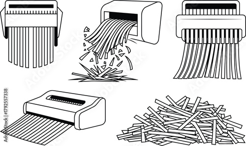 Six black and white icons of paper shredders and shredded paper machine office equipment