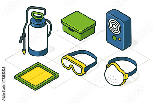 Safety equipment and pest control tools set including sprayer, respirator, goggles, and repeller device